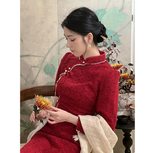 红色冬季旗袍加厚改良新娘敬酒服订婚新中式，长袖礼服女秋冬款加绒