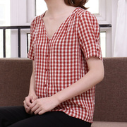 红色格子衬衫女短袖泡泡袖V领上衣格纹气质通勤衬衣夏季薄款棉麻