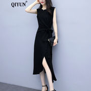 qiyun品牌女装黑色，雪纺连衣裙夏装气质，名媛无袖收腰显瘦流行