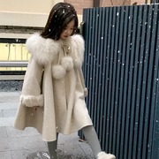 女童韩版时髦呢大衣2023冬季中长款真狐狸毛领外套潮