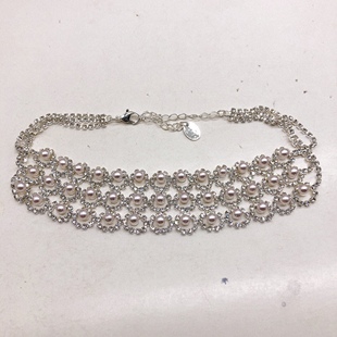外贸原单铜流苏玻璃亮钻珍珠夸张质感冷淡风卡脖女项链H；631-6