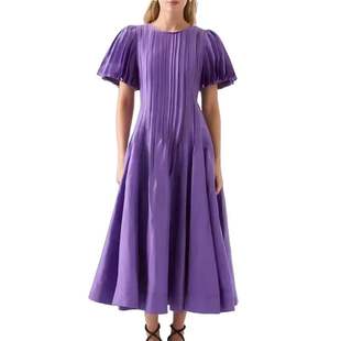 跨境外贸2023夏季紫色收腰a字连衣裙，百褶长裙短袖基本款喇叭袖
