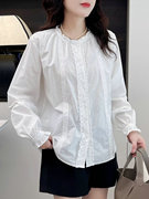 韩范小清新宽松显瘦长袖白色衬衫，女2023秋季气质百搭甜美衬衣