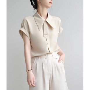 法式夏季复古短袖衬衫女士设计感小众气质，职业ol通勤雪纺上衣