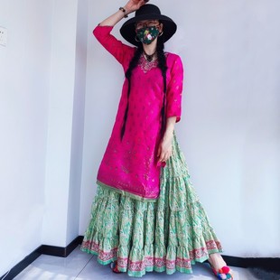 印度旁遮比民族风纯棉刺绣玫红，大摆连衣裙波西米亚v领套装长裙
