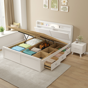 全实木白色主卧抽屉气压，高箱收纳床1.2m至1.8米简约小户型储物床