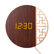 新中式圆形挂钟创意电子扫秒时钟数字显示夜光静音客厅书房座台钟