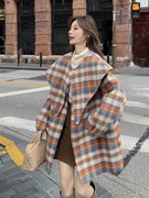 格子披肩领双面羊绒，大衣女2023秋冬韩系甜美小个子中长款毛呢外套