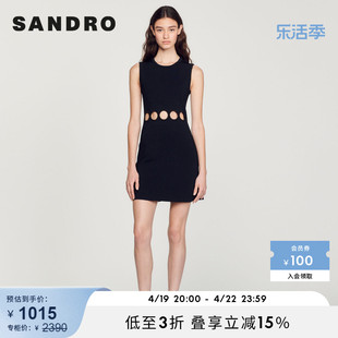 sandrooutlet女装法式修身黑色镂空a字无袖针织连衣裙sfpro02606