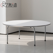 白色圆形矮桌子北欧轻奢不锈钢茶几简约现代铝合金金属包边圆桌几
