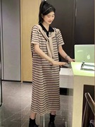 披肩polo翻领条纹短袖连衣裙女休闲慵懒春夏宽松百搭中长款t恤裙