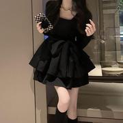 黑色连衣裙秋款女装2024法式复古修身显瘦气质方领长袖蓬蓬裙