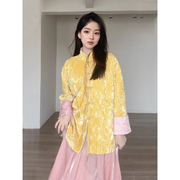新中式女装国风唐装盘扣黄色丝绒外套粉色半身裙两件套装2024春秋