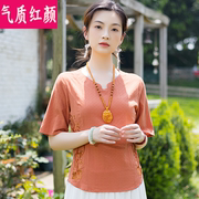民族风女装复古绣花亚麻短袖t恤中国风唐装棉麻，v领上衣女短款小衫