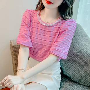 钉珠蕾丝短袖t恤女2023夏季韩版时尚，甜美洋气漂亮小衫泡泡袖上衣