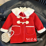 女童冬季新年装洋气小女孩红色呢大衣儿童时髦中长款加厚呢子外套