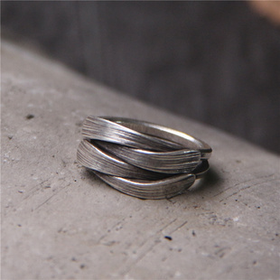 重叠拥抱戒指情侣款泰国清迈手工银s925纯银戒指男女泰银复古指环