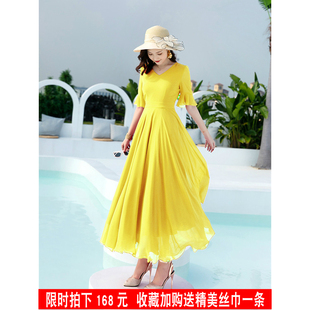 2023夏季黄色雪纺连衣裙长款修身显瘦大摆裙子超长沙滩长裙女