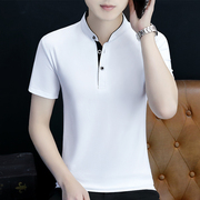 高品质立领白色纯棉短袖t恤男夏季纯色v领汗衫，潮流上衣服男polo衫