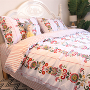美式田园简约花卉活性印花床单，床笠式床上用品四件套全棉纯棉被套