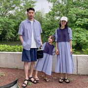 亲子装一家三四口夏季纯棉竖条，衬衫洋气韩版家庭装，母女连衣裙