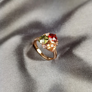 日韩潮镶嵌三色宝石，仿碧玺红绿水晶，桃心女小众设计百搭食指戒指