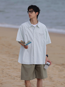 日系条纹短袖衬衫，男夏季cityboy休闲宽松翻领衬衣，潮牌薄款外套潮