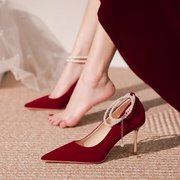 法式珍珠一字扣秀禾婚鞋女2024细跟红色，新娘鞋订婚鞋高跟鞋