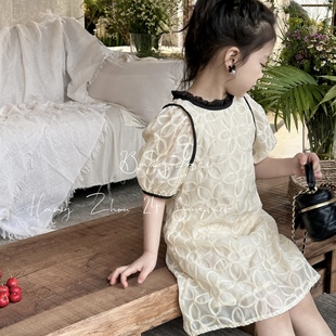 女童连衣裙2024夏季儿童气质，名媛小香风蕾丝刺绣花朵公主裙子