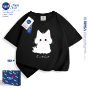 NASA小猫女童短袖t恤2024夏季纯棉宽松洋气女孩上衣儿童夏装