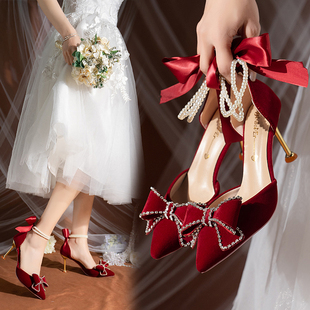 婚鞋新娘鞋女2023年中式红色高跟鞋不累脚秀禾婚纱两穿结婚鞋