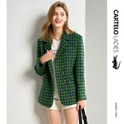 鳄鱼绿色格子毛呢大衣女，秋冬款韩版时尚宽松复古v领西装外套