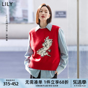 LILY2024春女装绵羊毛趣味百搭休闲复古红色针织衫背心上衣女