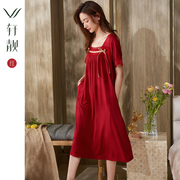 红色睡裙女夏季薄款莫代尔短袖长款高级感睡衣结婚冰丝凉感家居服