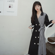 格纹拼接连衣裙女秋季2023韩版设计感小众双排，扣气质减龄长裙