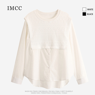 IMCC设计感小众纯色复古镂空刺绣拼接长袖衬衫女宽松显瘦上衣ins