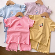 韩版夏季女童短袖t恤套装薄款宝宝睡衣，两件套儿童家居服纯棉小童