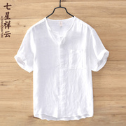 夏季短袖棉麻衬衫男士，日系休闲立领，宽松麻布上衣白色薄款亚麻衬衣