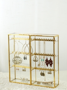 欧式复古网红玻璃金色收纳盒轻奢饰物耳环颈链装饰带门防尘展示架