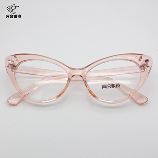 欧美时尚女款蝶形眼镜架镶钻猫眼透明粉茶眼镜框配近视防蓝光变色