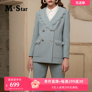 M-Star明星系列春季纯色气质翻领双排扣拼接蕾丝西装外套女通勤