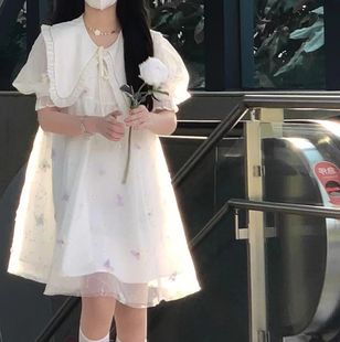 夏季日系甜美超仙拼接网纱泡泡，袖连衣裙学生宽松娃娃领公主裙