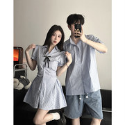 小众设计感情侣装夏季韩版短袖衬衫男女，连衣裙法式一裙一衣ins潮