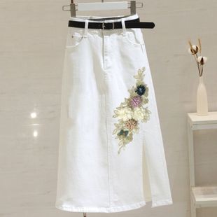 泰国立体白色花朵高腰，牛仔半身裙女中长款夏薄款a字开叉包臀裙