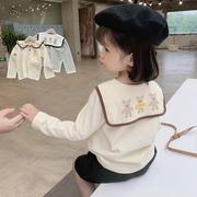 女童娃娃领上衣春秋装，韩版儿童卡通长袖，t恤女宝宝条纹打底衫