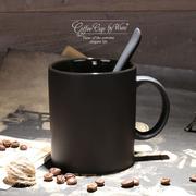 无盖茶杯创意陶瓷，黑色磨砂大容量男士，马克杯子简约咖啡杯带勺