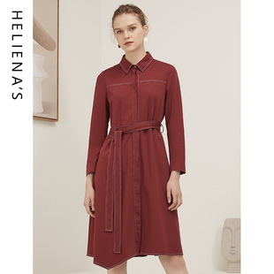 海兰丝2023秋季商场，同款ol风收腰衬衫裙，气质长袖红色连衣裙女