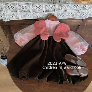 韩版童装2023女童秋季套装甜美后背小翅膀上衣背带裙两件套潮