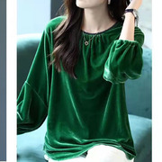 翡翠绿篇幅衫宽松时尚天鹅绒套头衫女春秋蝙蝠衫上衣深绿色打底衫