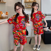 东北大花睡衣短袖套装女童设计感民族风家居服网红休闲短裤两件套